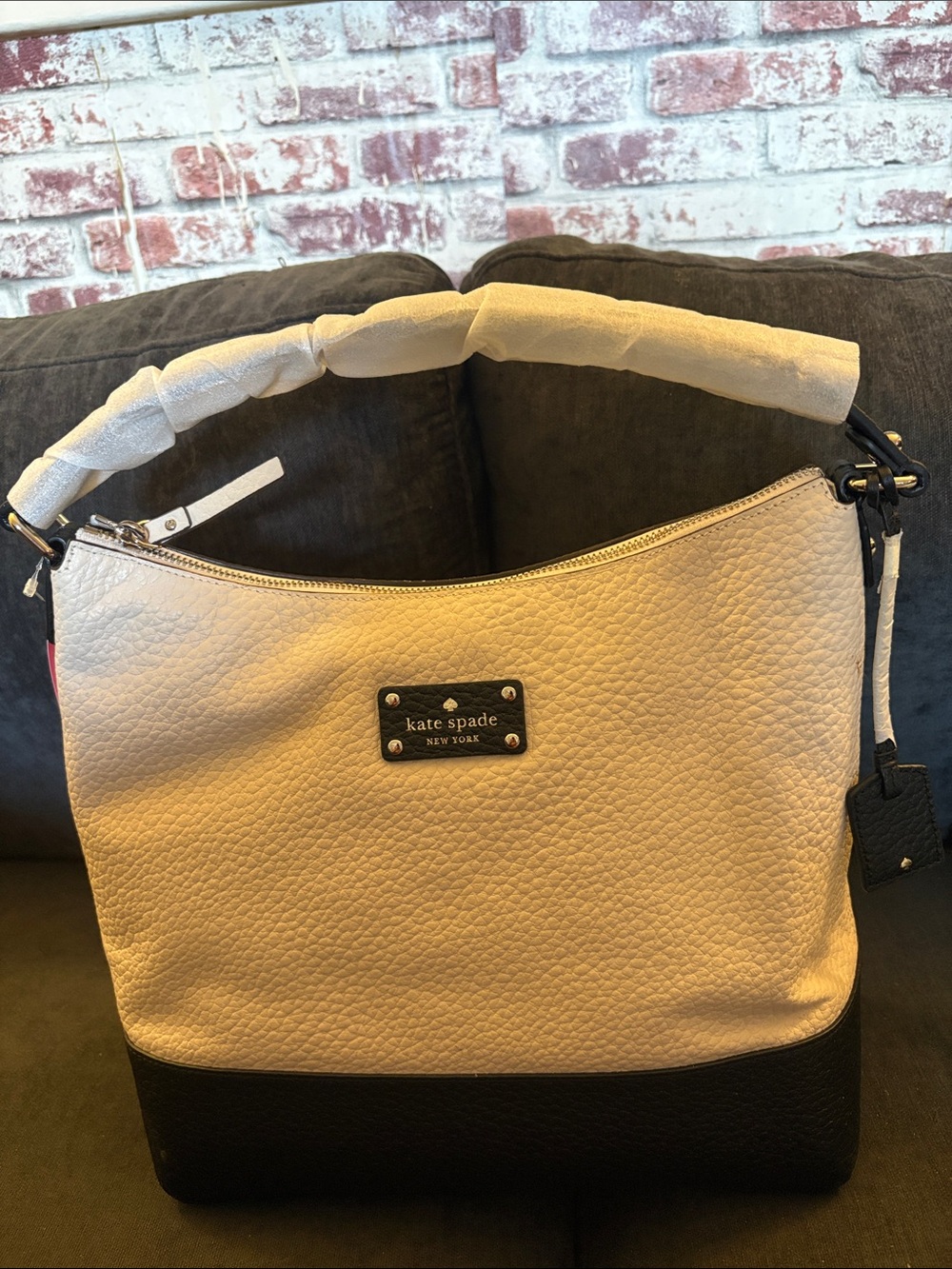 kate spade Two-Tone Cream and Black Pebbled Leather Shoulder Bag
